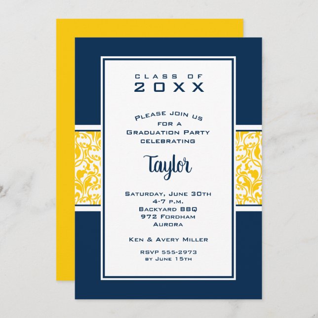 Damask Blue Yellow Graduation Party Invitation (Front/Back)