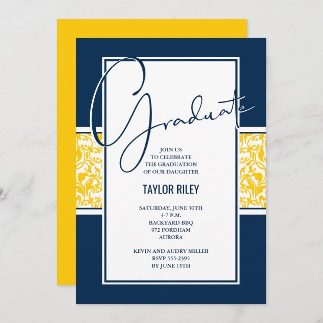 Damask Blue Yellow Graduation Party Invitation (Front/Back)