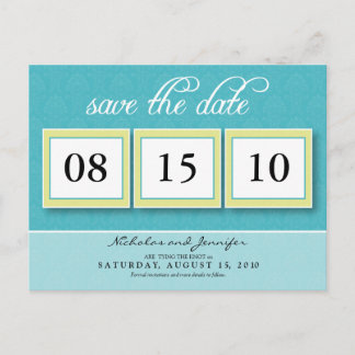 Damask Box Trio Save the Date Postcard (aqua)