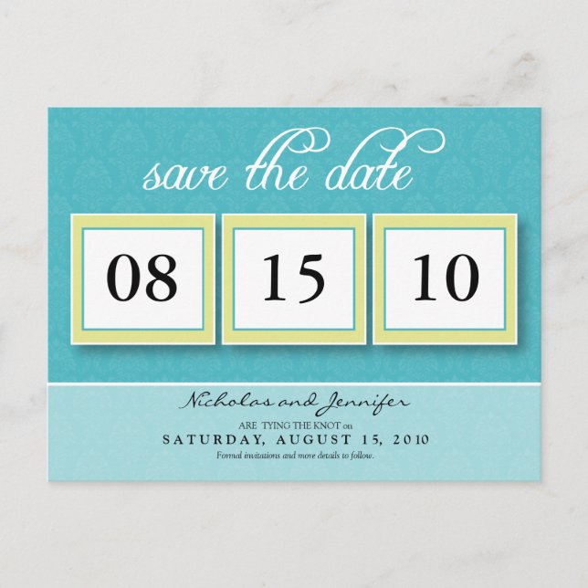 Damask Box Trio Save the Date Postcard (aqua) (Front)