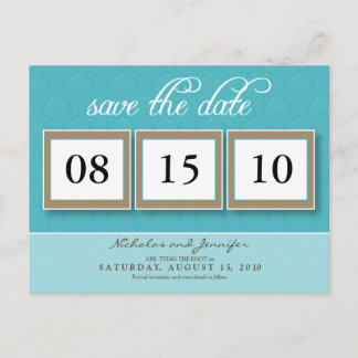 Damask Box Trio Save the Date Postcard (aqua)