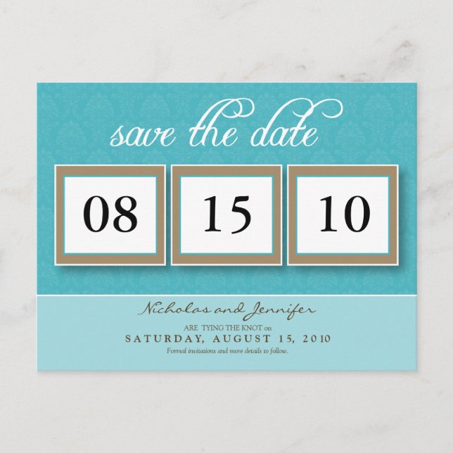 Damask Box Trio Save the Date Postcard (aqua) (Front)