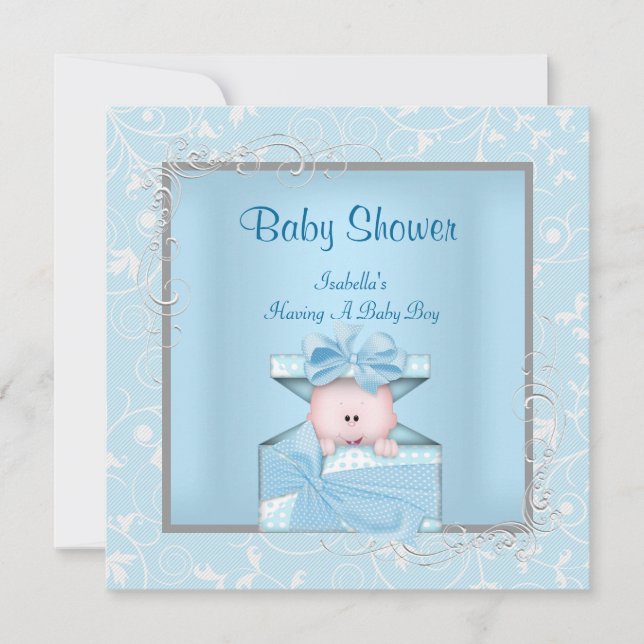 Damask Boy Baby Shower Blue White Floral Invitation (Front)