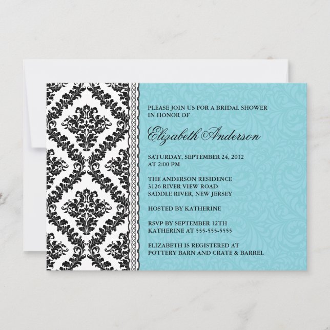 Damask Bridal Shower Invitation Black & Turquoise (Front)