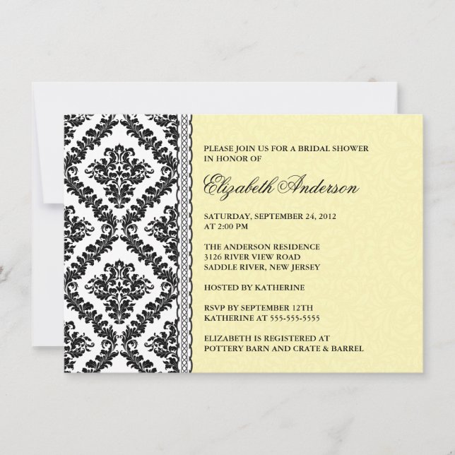 Damask Bridal Shower Invitation Black & Yellow (Front)