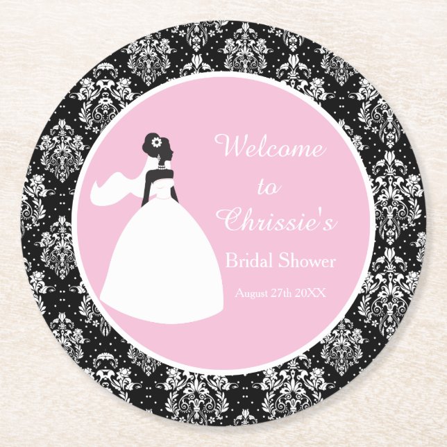 Damask Bride Bridal Shower Round Paper Coaster (Front)