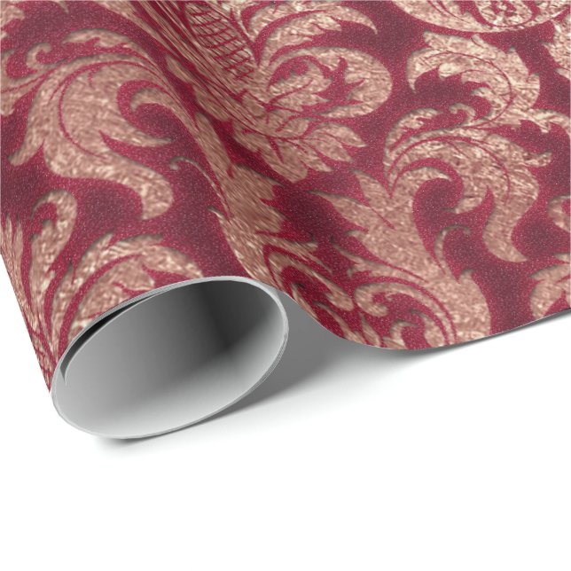 Damask Burgundy Rose Gold Royal Glitter Burgundy Wrapping Paper (Roll Corner)