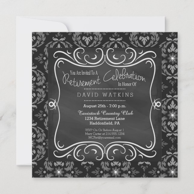 Damask & Chalkboard Retirement Party Invitation (Front)