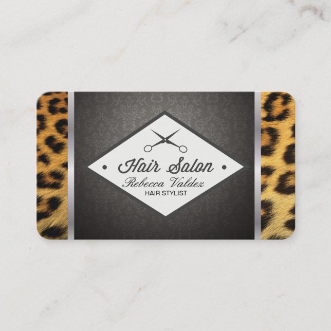 Damask / Cheetah Print / Silver Trim Business Card (Front)