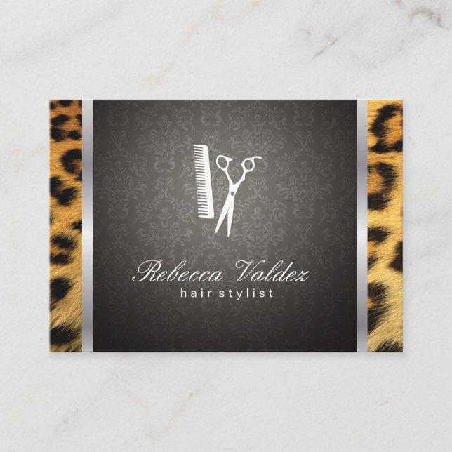 Damask / Cheetah Print / Silver Trim Business Card (Front)