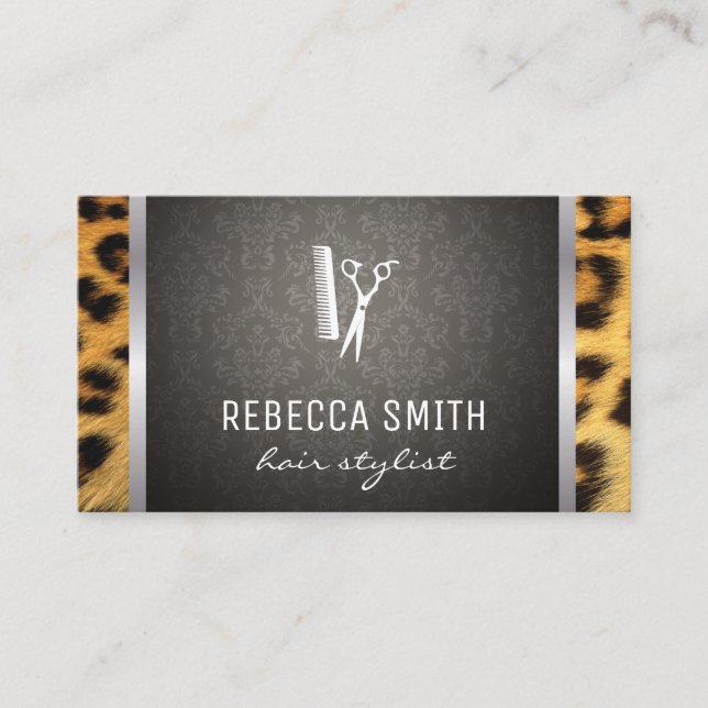 Damask Cheetah Print Silver Trim Business Card (Front)