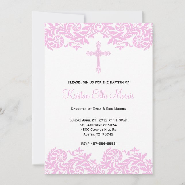 Damask Christening Baptism Invitation (Front)
