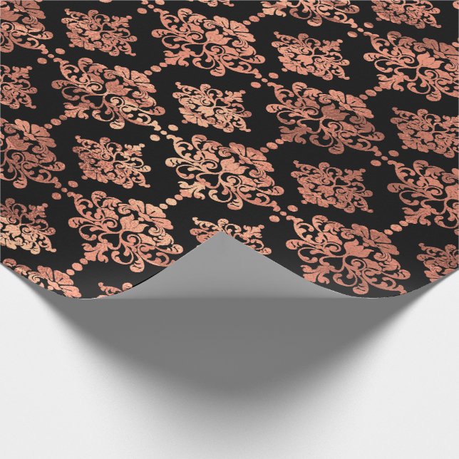 Damask Coral Copper Black Metallic Royal Floral Wrapping Paper (Corner)