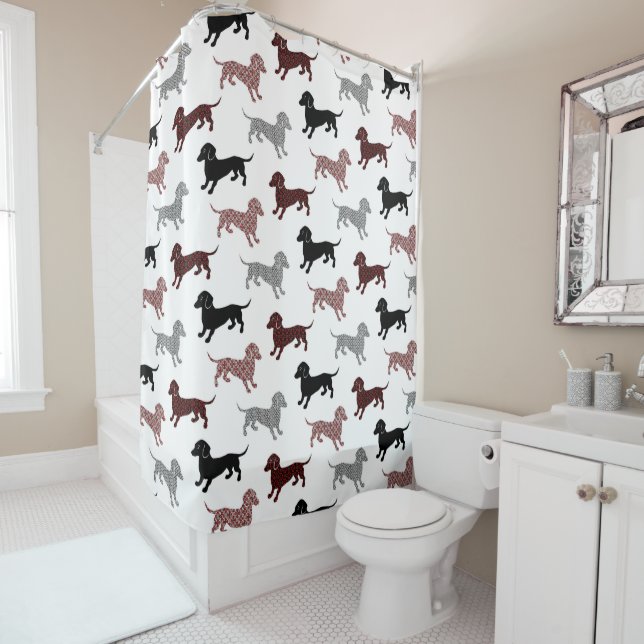 Damask Dachshund Pattern Shower Curtain (In Situ)