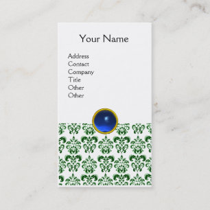 DAMASK DARK GREEN MONOGRAM gem blue white Business Card