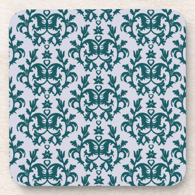 Damask deep teal "Kangaroo Paws" set of 6 coasters (Front)