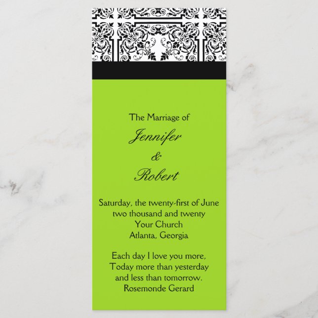 Damask Delight in Lime Green Wedding Program Programme (Front)