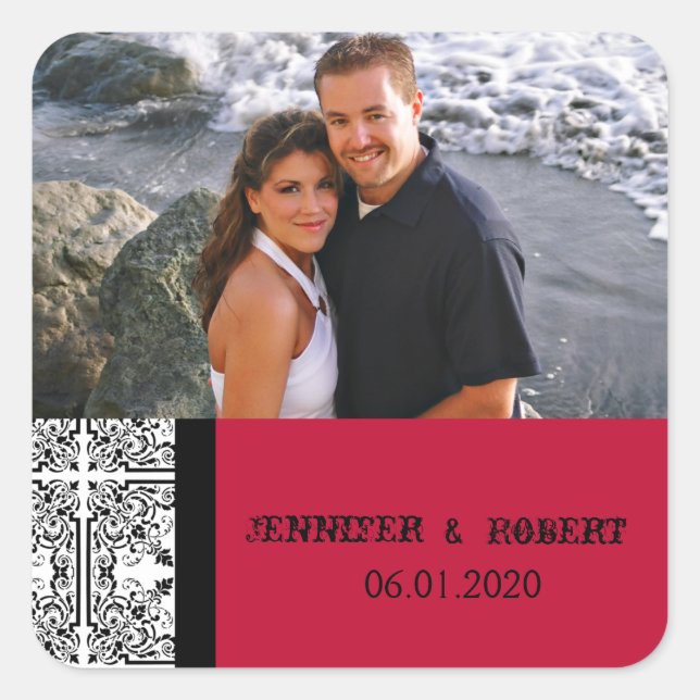 Damask Delight Scarlet Red Wedding Favour Sticker (Front)