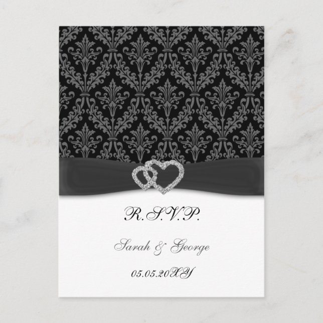 damask diamante charcoal wedding RSVP Invitation Postcard (Front)