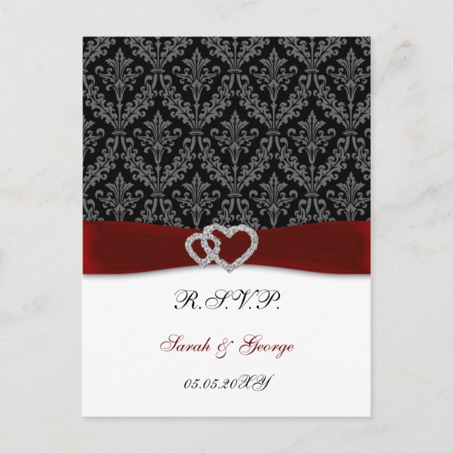 damask diamante red wedding RSVP Invitation Postcard (Front)