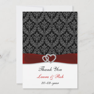 damask diamante red wedding thank you card