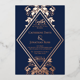 Damask Diamond Navy & Rose Wedding Foil Invitation