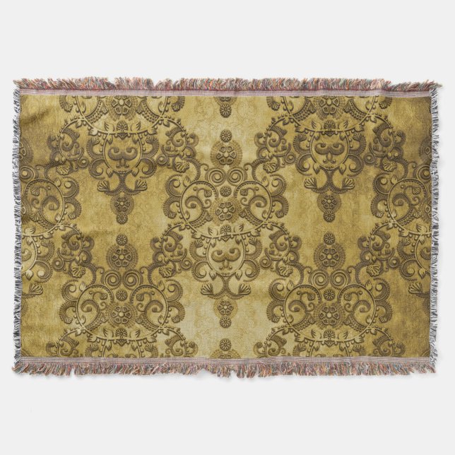Damask Distressed Rustic Dark Yellow Gold Throw Blanket (Front)