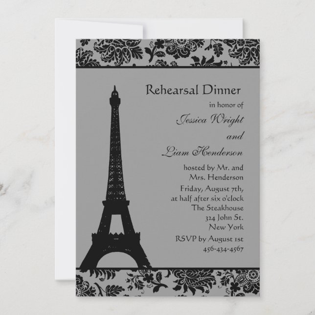 Damask Eiffel Tower Rehearsal Dinner Invitation (Front)