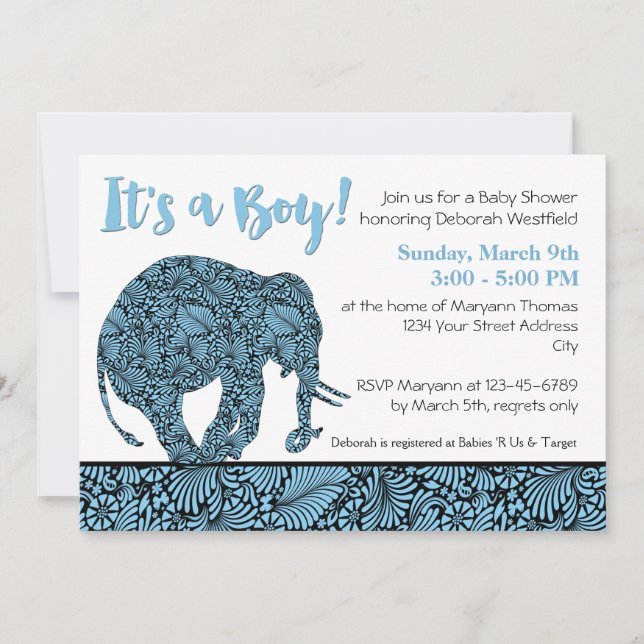 Damask Elephant Boy Baby Shower Invitation (Front)