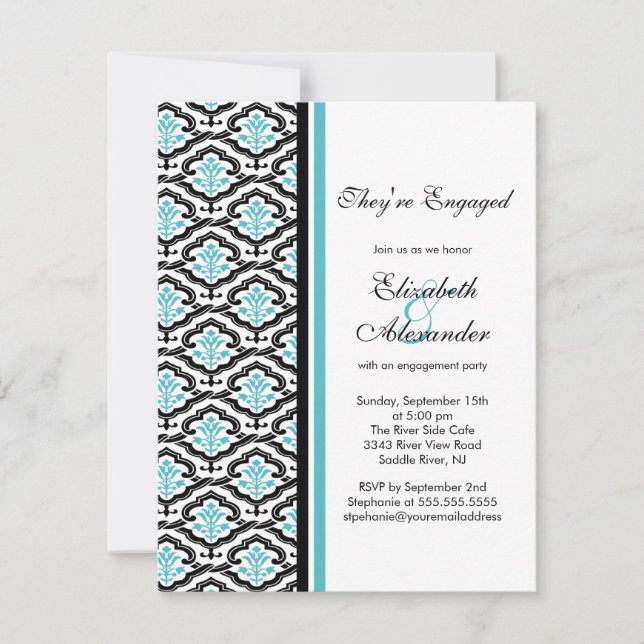 Damask Engagement Party Invitation turquoise blue (Front)