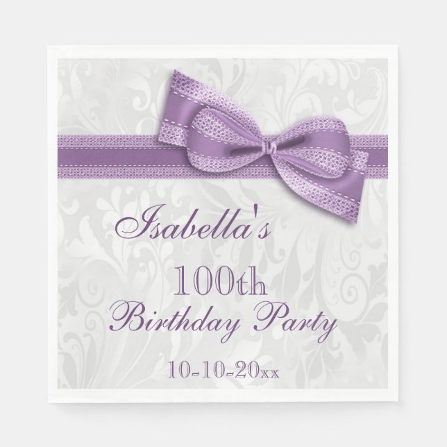 Damask & Faux Bow Girls 100th Birthday Napkin (Front)