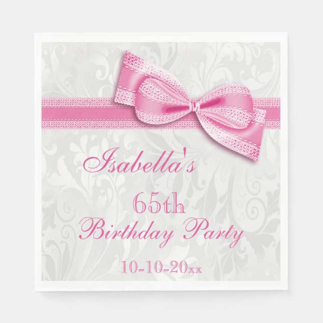 Damask & Faux Bow Girls 65th Birthday Napkin (Front)