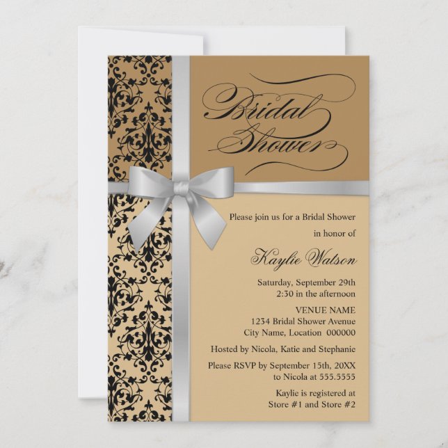 Damask Faux Silver Ribbon Autumn Bridal Shower Invitation (Front)