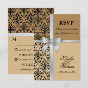 Damask Faux Silver Ribbon Autumn Wedding RSVP Card