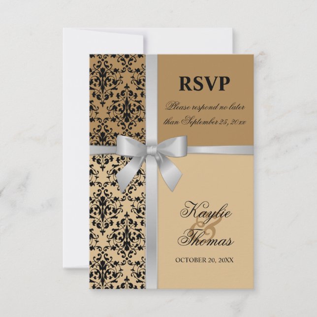 Damask Faux Silver Ribbon Autumn Wedding RSVP Card (Front)