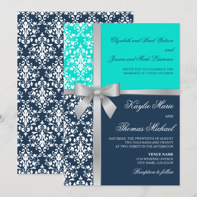 Damask Faux Silver Ribbon Navy Aqua Wedding Invitation (Front/Back)