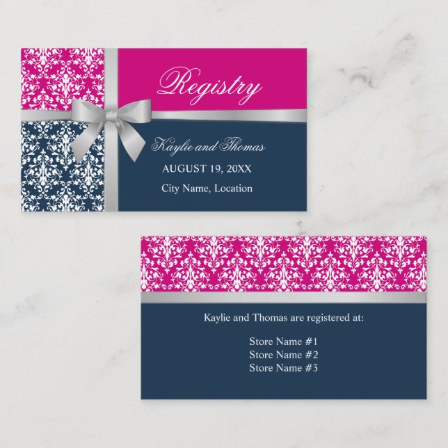 Damask Faux Silver Ribbon Navy Blue Fuchsia Enclosure Card (Front/Back)