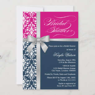 Damask Faux Silver Ribbon Navy Pink Bridal Shower Invitation