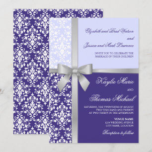 Damask Faux Silver Ribbon Purple Lilac Wedding Invitation