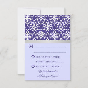 Damask Faux Silver Ribbon Purple Wedding RSVP Card