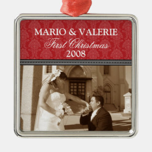 Damask First Christmas Wedding Ornament (red)