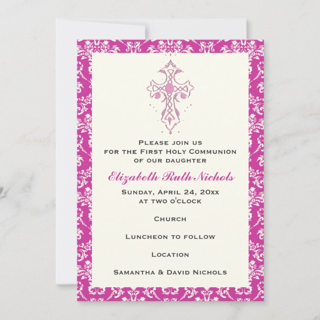 Damask First Holy Communion Baptism Confirmation Invitation (Front)