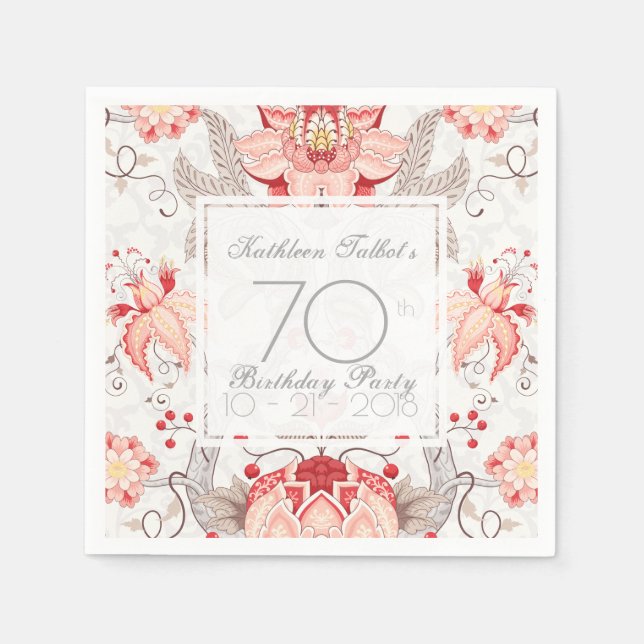 Damask Floral 70th Birthday Party Paper Napkin (Front)