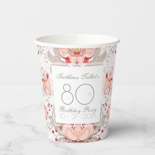 Damask Floral 80th Birthday Party Paper Cup (Left)