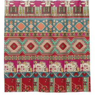 Damask, floral and geometric with colourful patchw shower curtain