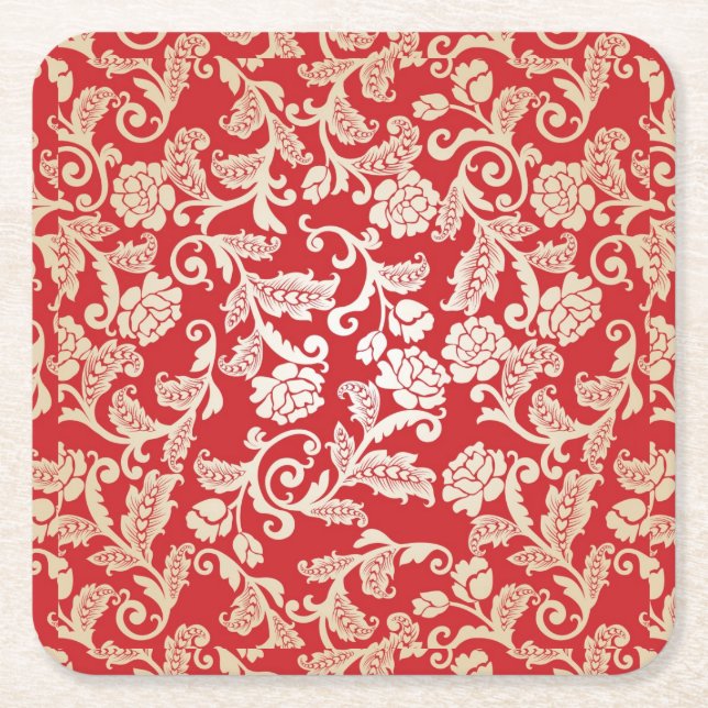 Damask floral background pattern square paper coaster (Front)