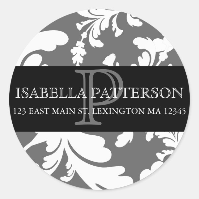 Damask Floral Monogram Circle Address Label (Front)