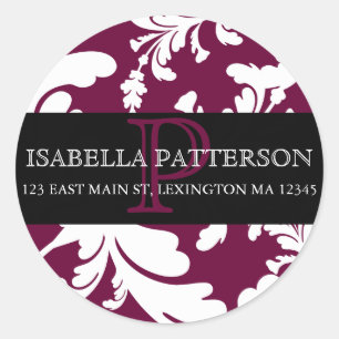 Damask Floral Monogram Circle Address Label