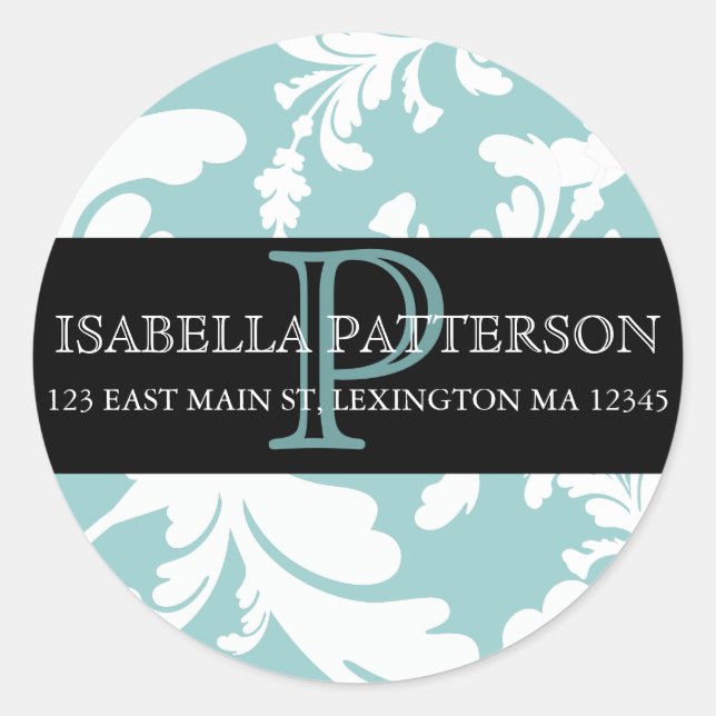 Damask Floral Monogram Circle Address Label (Front)