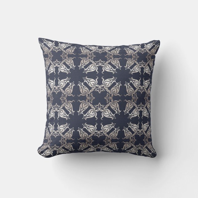 damask floral navy pattern cushion (Front)